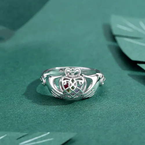 Vista 5 de ROWAWA Claddagh Anillo de plata de ley 925 con piedra de nacimiento anillos enjaulados corazón anillos personalizados grabados para niñas y mujeres