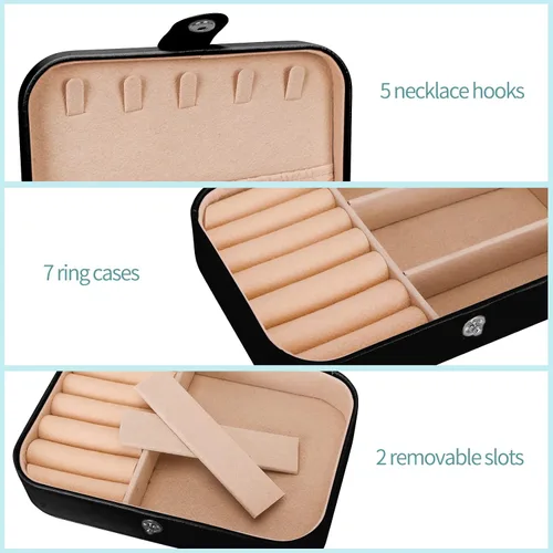 Vista 4 de Joyero organizador, 2 capas de poliuretano organizador de joyas de viaje, caja de joyería portátil para niñas y mujeres, caja de almacenamiento