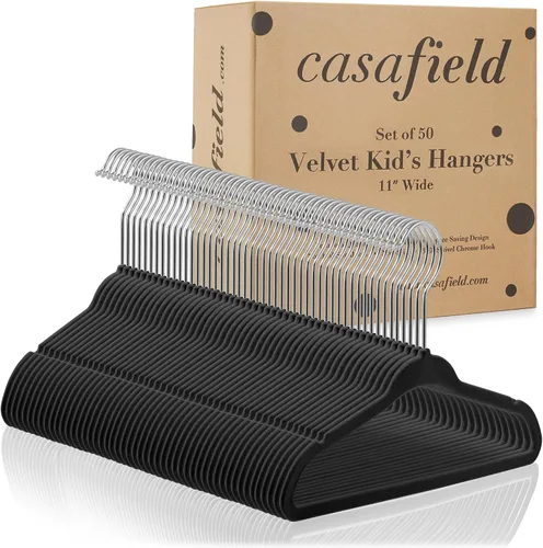 Vista 4 de Casafield 50 perchas de terciopelo para bebé, tamaño de 11 pulgadas para ropa de bebés y niños pequeños, color negro