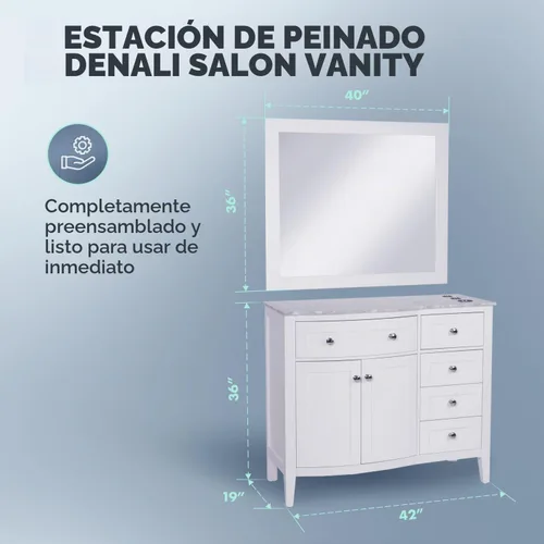 Vista 2 de Buy-Rite Denali - Estación de peluquería de salón de 42 pulgadas y espejo de 40 x 36 pulgadas, acabado blanco, madera maciza, encimera de cuarzo