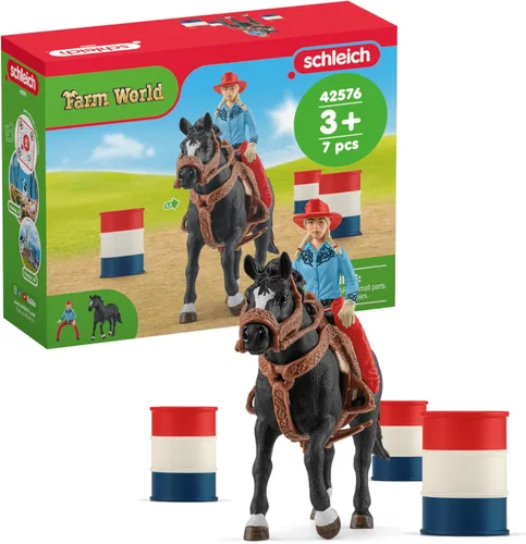 Vista 8 de Schleich Farm World - Juego de carreras de rodeo de 2 barriles, juego de carreras de rodeo con vaquera y caballo, juguetes y accesorios realistas
