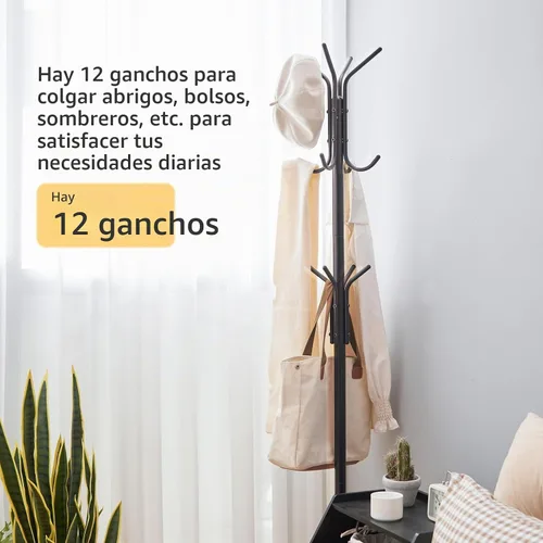 Vista 6 de Perchero independiente, perchero para entrada, sala de estar, dormitorio, perchero de metal con 12 ganchos y 3 patas (negro)