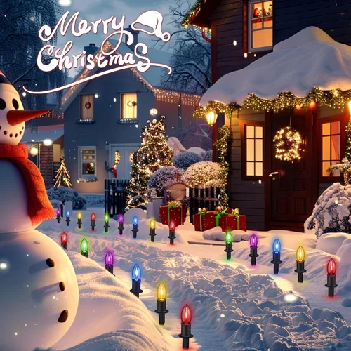 Vista 9 de C9 Luces de camino de Navidad para exteriores, 24.2 pies, 20 luces LED con estacas, luces de camino de Navidad impermeables conectables para patio