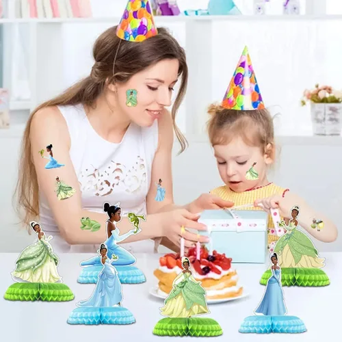 Vista 6 de 8 hojas de tatuajes temporales de princesa Tiana para suministros de fiesta, tatuajes temporales de princesa y rana para decoraciones de fiesta