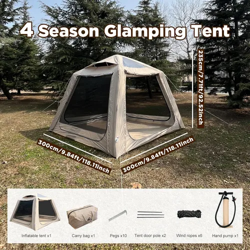 Vista 5 de Tienda de campaña inflable para campamento, instalación rápida con bomba, tienda de campaña Oxford impermeable de 4 estaciones con tragaluz, tienda