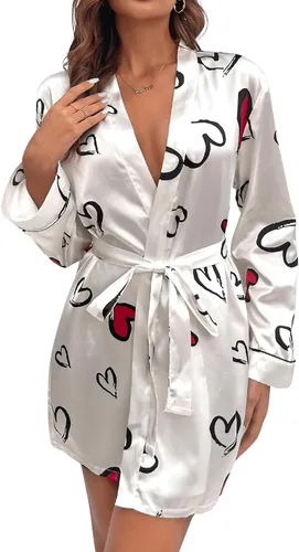 Vista 3 de GORGLITTER Batas de seda para mujer, con estampado de corazón, cortas, ligeras, de satén, para dama de honor