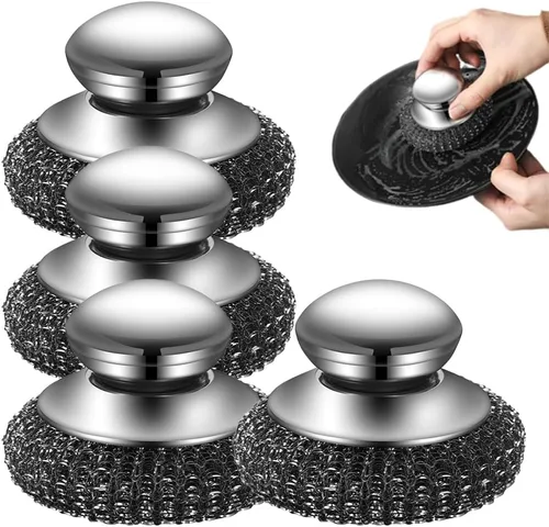 Vista 10 de Depurador de lana de acero con asa, limpiador de platos de acero inoxidable resistente para limpiar platos, ollas de hierro, estufas, fregadero