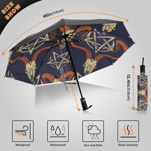 Vista 3 de UV Blocking Automatic Open Umbrella Satan-baphomet-sheep-head-demon Portable Travel Folding Umbrellas with Cover Bag