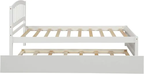 Vista 6 de SOFTSEA Marco de cama individual individual con cama nido de madera maciza con cabecero para niños (blanco)