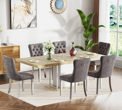 Vista 58 de Juego de mesa de comedor extensible de 5 piezas, juego de mesa de comedor extensible de estilo granja para 4, mesa de cocina expandible de madera