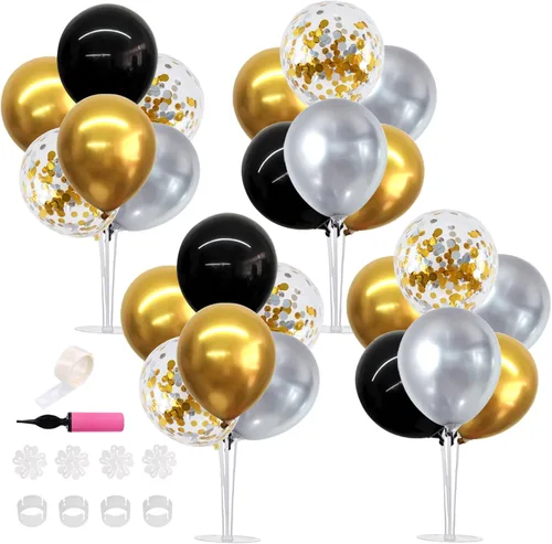 Vista 24 de TONIFUL Juego de 4 centros de mesa de globos de color negro, azul y Negro Azul Plata