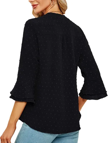 Vista 3 de Blusas de gasa para mujer, manga 34, cuello en V, plisadas, con volantes, lunares suizos, blusas de trabajo para mujer, linda camisa de verano
