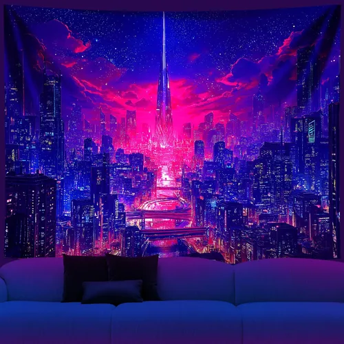 Vista 18 de NYZE Tapiz de luz negra de ciudad, tapiz de anime japonés, juego punk, fantasía, vista nocturna, paisaje urbano, arte futurista, neón, tapices