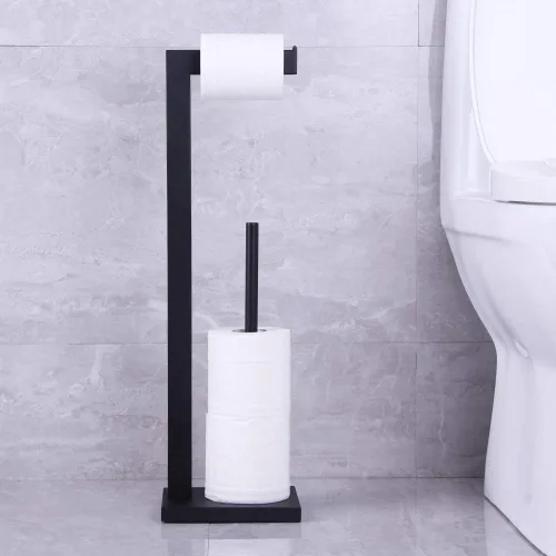 Vista 4 de Soporte para papel higiénico negro mate, soporte para rollo de papel higiénico con reserva de estante, organización portátil de almacenamiento