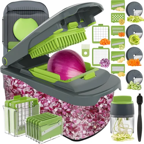 Vista 12 de Picadora de verduras Ourokhome con recipiente, picadora manual de verduras con 2 cuchillas de corte para tiras de papa, cubos de cebolla, palitos