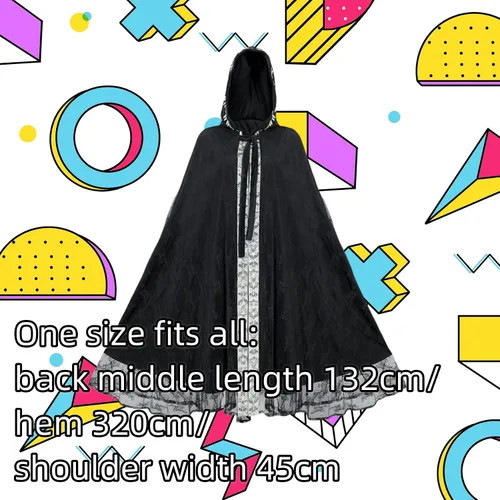 Vista 6 de Volrath Disfraz medieval de las mujeres negras de encaje retro gótico con capucha bata bruja vampiro capa traje