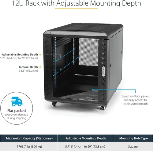 Vista 2 de StarTech.com Armario de Bastidor de Servidor de 4 Postes 12U, Gabinete de Bastidor de Datos de 19" para Equipo de TI / Red, con Rieles de Montaje
