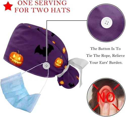 Vista 3 de 2 gorras bouffant con bolsa de cola de caballo de botón, gorro de trabajo de algodón, banda para el sudor, gorras quirúrgicas ajustables, dulces