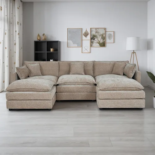 Vista 13 de Setawix Sofá Profundo de 3 Plazas con Otomana, Sofás de Nube en Forma de L de 112.2" para Sala de Estar, Sofá de Nube de Chenilla con Asiento Café