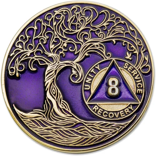 Vista 228 de 1 año Sobriety Mint Twisted Tree of Life Medallón de recuperación AA chapado en oro, chip/ficha - negro