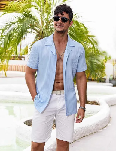 Vista 2 de COOFANDY - Camisas casuales para hombre de manga corta con botones, camisa de playa de verano con textura de moda