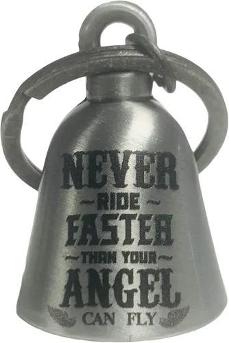 Vista 6 de Nunca montes más rápido que tu ángel puede volar" Campana de motociclista "Evil Spirits". Nuestras campanas personalizadas son de ajuste universal.