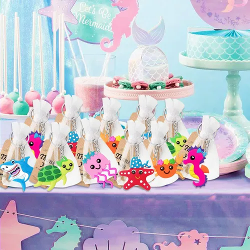 Vista 3 de CiciBear Paquete de 54 regalos de regreso de fiesta del mundo marino con llaveros de criaturas marinas y etiquetas de agradecimiento para cumpleaños