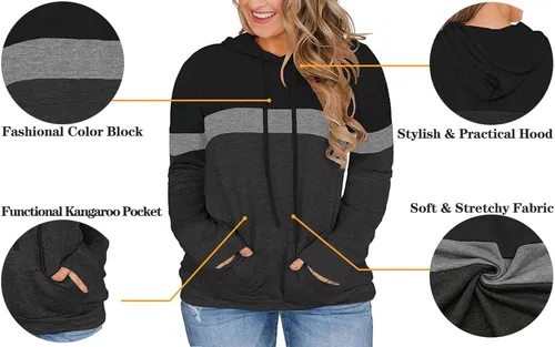 Vista 2 de VISLILY - Sudaderas con capucha para mujer, talla grande, con bloques de color y bolsillos, talla XL a 4XL