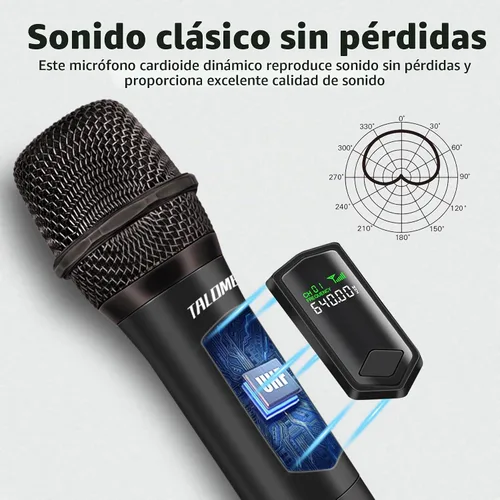 Vista 3 de talomen Micrófonos inalámbricos, micrófono dual profesional de karaoke para cantar, sistema de micrófono dinámico inalámbrico de mano con receptor