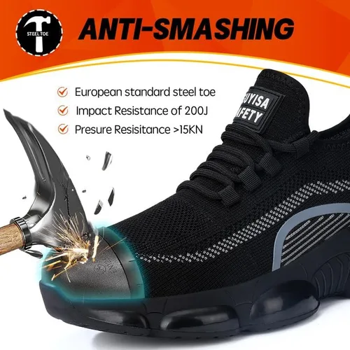 Vista 2 de BAIYIJIA Zapatos de punta de acero para hombre, zapatos de trabajo antideslizantes para construcción con amortiguación de aire, zapatos