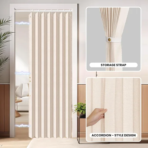 Vista 8 de AJAZZ Conjunto: Barras para cortinas sin perforación (28-39" de ancho) y cortina acordeón para puerta, beige 43" de ancho × 78" de largo, puertas