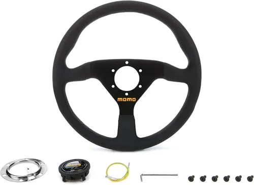 Vista 5 de MOMO Motorsport MOD.69 - Volante de carreras de gamuza – 13.780 in, plato de 1.535 in de profundidad, bocina amarilla, marco de aluminio de 3 radios
