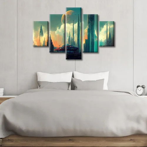 Vista 71 de Cuadros de 5 paneles de Cyberpunk City, arte de pared, representación de vallas publicitarias, edificios modernos en la capital con obras de arte