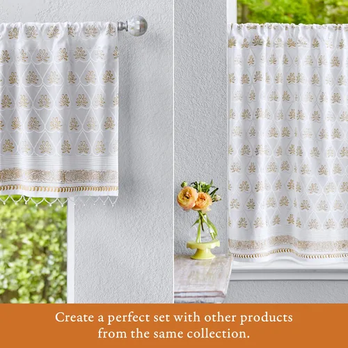 Vista 3 de Panel de cortina transparente blanco y dorado con alzapaños, 100% gasa de algodón, con pestaña superior o bolsillo para barra para decoración