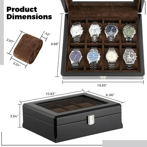 Vista 6 de Caja de reloj de madera con acabado lacado, organizador de relojes para hombre de 8 ranuras con parte superior de cristal, lujosa caja de exhibición