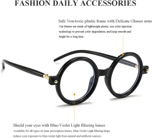 Vista 3 de Gleyemor Gafas redondas retro para hombres y mujeres, marcos de gafas circulares vintage, para disfraz, cosplay, lentes anti luz azul
