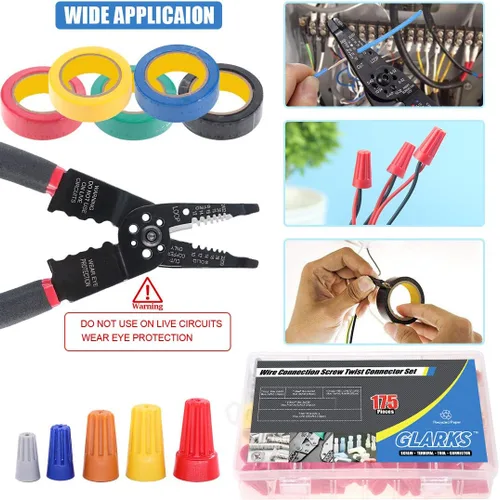 Vista 7 de Glarks Pelacables multifunción de 8 pulgadas, 10-22 AWG y 175 tuercas giratorias, conectores de cable eléctrico, terminales de tornillo con 5 piezas