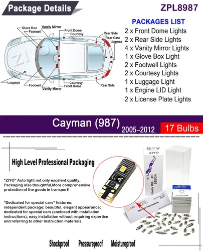 Vista 2 de ZIYO Kit de luces LED para interiores para Porsche Cayman 987 2005-2012, paquete de repuesto de bombillas de cúpula de 6000 K, luces LED blancas