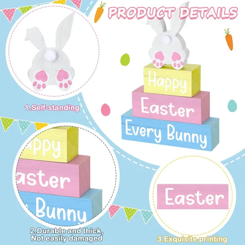 Vista 3 de 4 piezas de decoración de mesa de Pascua con texto en inglés «Happy Easter Every Bunny», letrero de madera de conejito pastel, bloques de madera