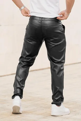 Vista 3 de GINGTTO Pantalones de cuero para hombre, pantalones de discoteca ajustados para hombre elásticos