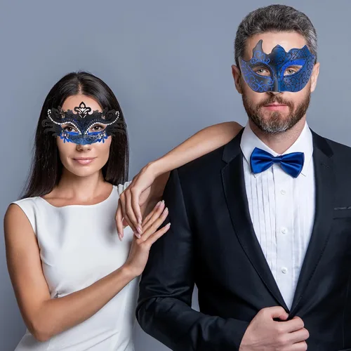 Vista 4 de 2025 Máscaras de mascarada para parejas, máscara veneciana de metal con pedrería brillante y filigrana y máscara veneciana para hombres para Mardi