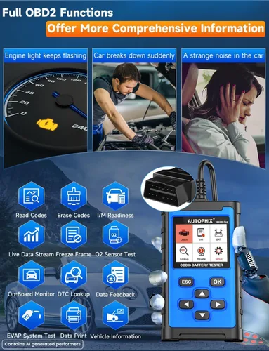 Vista 3 de AUTOPHIX Escáner OBD2 2 en 1 con probador de batería, BAS300 Plus 12V 100-2000 CCA carga de batería prueba de arranque lector de código de coche