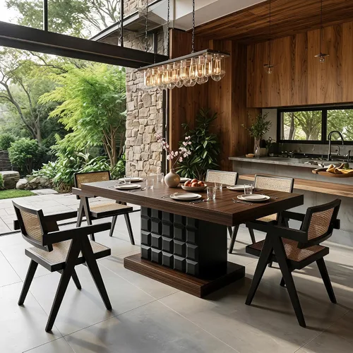 Vista 8 de Tribesigns Mesa de comedor de 63 pulgadas para 4-6, mesa rectangular de madera de granja con relieve geométrico, base de pedestal (café y negro)