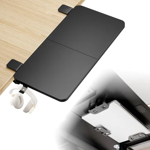 Vista 11 de PEGZONE Bandeja extensora de escritorio, estante de escritorio con abrazadera de 24 x 12 pulgadas, extensión de escritorio con cajón