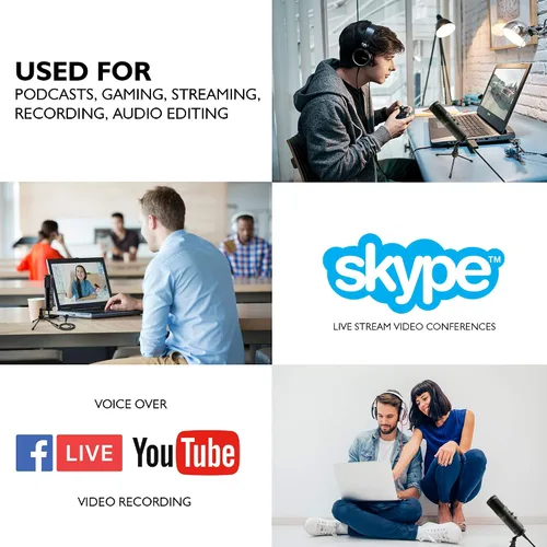 Vista 9 de JOVIAL Micrófono condensador de grabación USB para PC, LED azul, ganancia ajustable, conector para auriculares, control de silencio, soporte