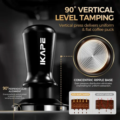 Vista 5 de IKAPE Manipulador de espresso de 39.25 mm, manipulador de café barista premium negro con resorte calibrado, manipulador de acero inoxidable 100%