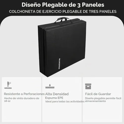 Vista 2 de BalanceFrom - Alfombrilla de gimnasia plegable de 3 paneles de 1,8 m x 0,6 m – Almohadilla de 4 cm de grosor con superficie de vinilo y asas de Negro