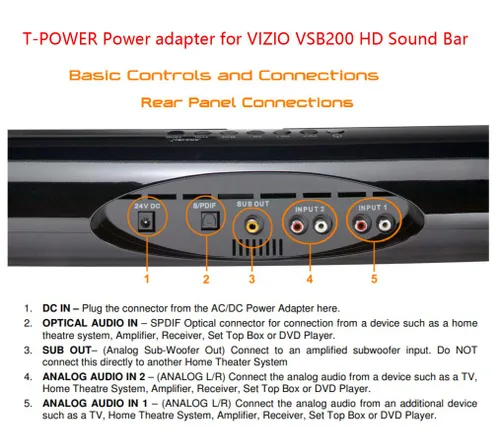 Vista 5 de T-Power Adaptador CA (6.6 pies) con barra de sonido Vizio VSB200/VSB205/VSB210 / Vizio VSB200 VSB205 VSB210 Vizio VSB200 VSB205 VSB210 VSB206 VSB207