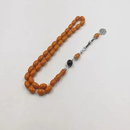 Vista 6 de Tasbih - Rosario musulmán de resina naranja con accesorios de piedra de ónix, pulsera de pavo, cuentas de oración islámica