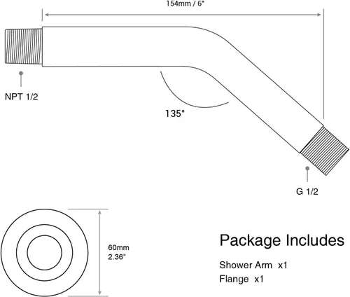 Vista 7 de Brazo de ducha en ángulo de 6 pulgadas con brida de acero inoxidable montado en la pared para cabezal de ducha superior, negro mate